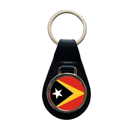 Timor-Leste Country Flag Black Leather Metal Keychain