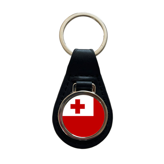 Tonga Country Flag Black Leather Metal Keychain