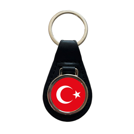 Turkey Country Flag Black Leather Metal Keychain