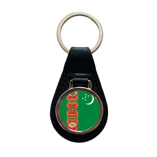 Turkmenistan Country Flag Black Leather Metal Keychain