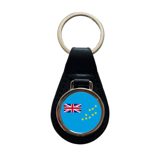 Tuvalu Country Flag Black Leather Metal Keychain
