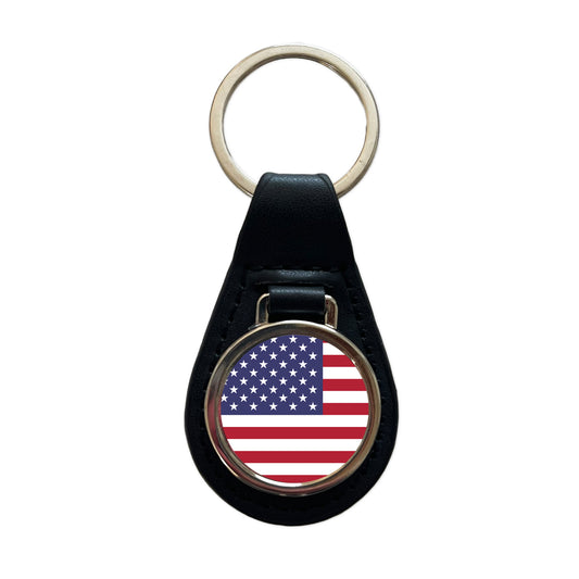 United States of America Country Flag Black Leather Metal Keychain