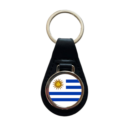Uruguay Country Flag Black Leather Metal Keychain