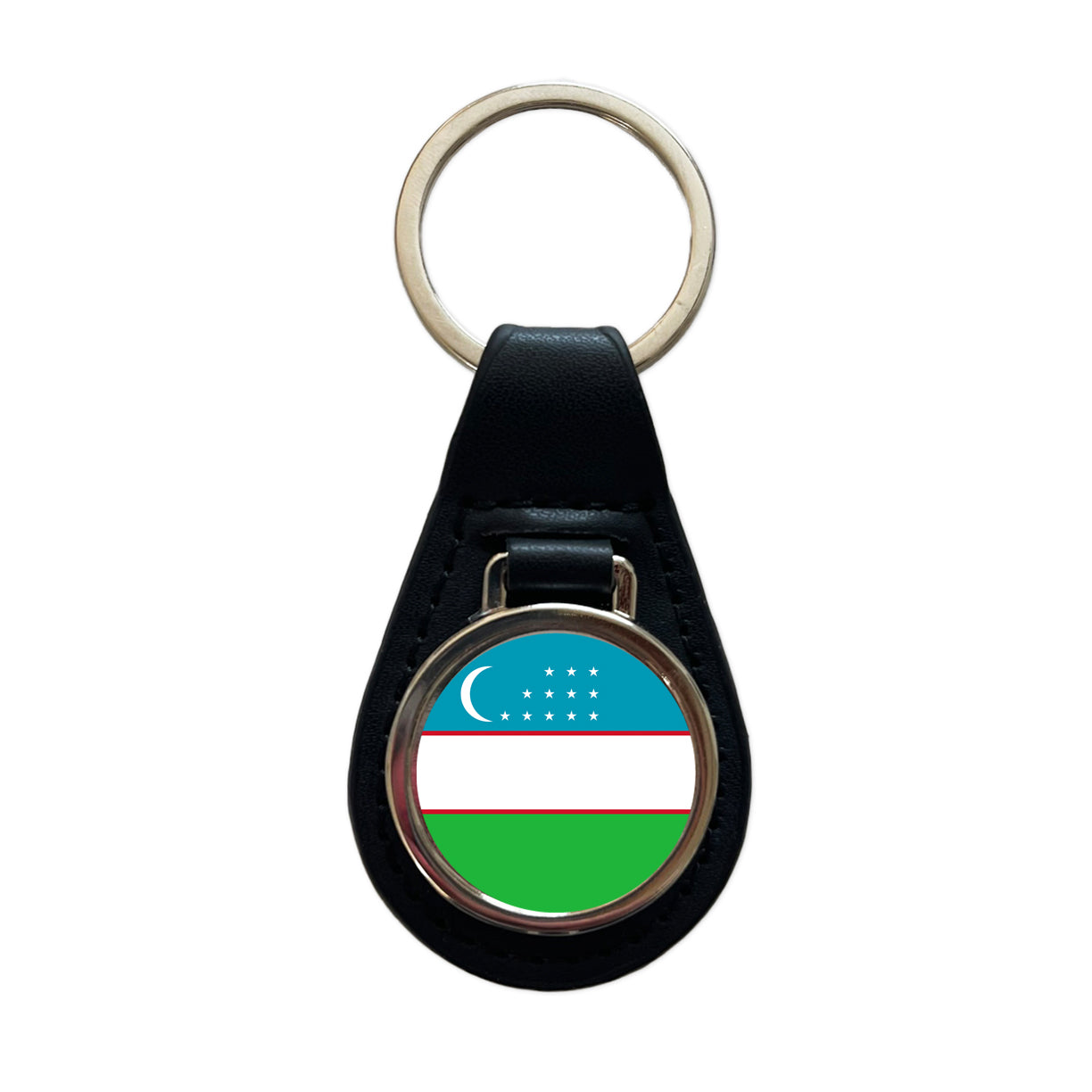 Uzbekistan Country Flag Black Leather Metal Keychain