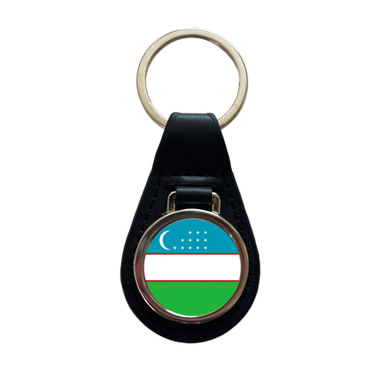 Uzbekistan Country Flag Black Leather Metal Keychain