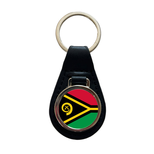 Vanuatu Country Flag Black Leather Metal Keychain