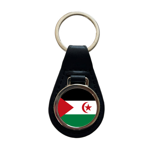 Western Sahara Country Flag Black Leather Metal Keychain