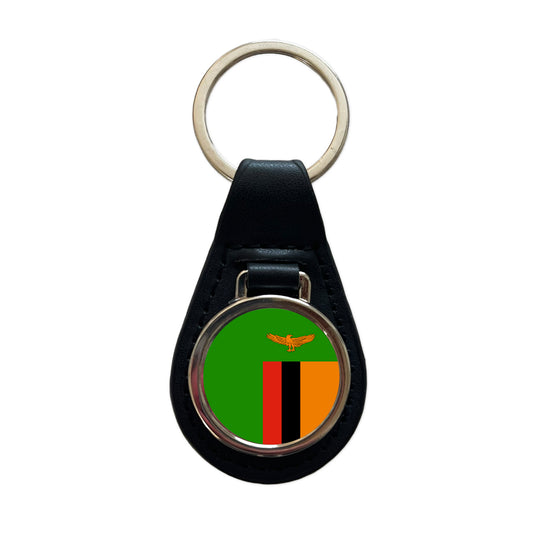 Zambia Country Flag Black Leather Metal Keychain