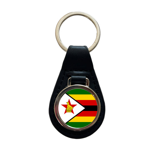 Zimbabwe Country Flag Black Leather Metal Keychain