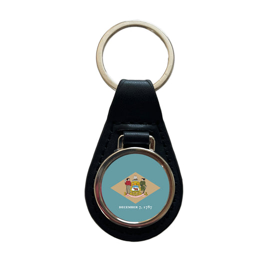 Delaware DE State Flag Black Leather Metal Keychain