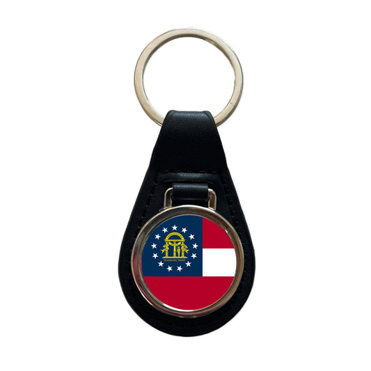 Georgia GA State Flag Black Leather Metal Keychain