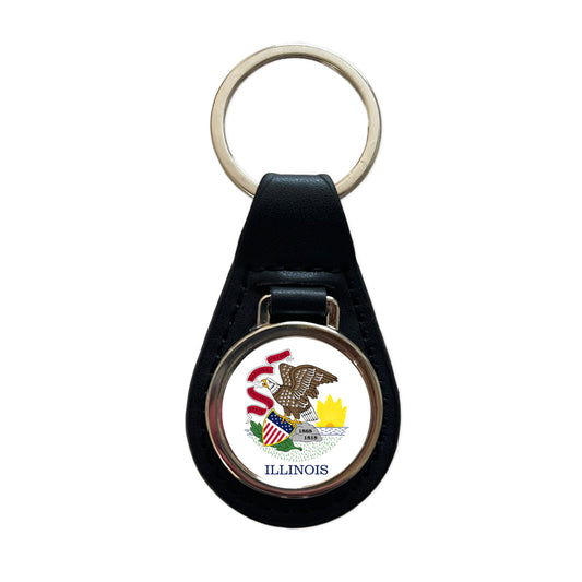 Illinois IL State Flag Black Leather Metal Keychain