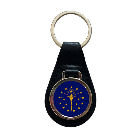 Indiana IN State Flag Black Leather Metal Keychain