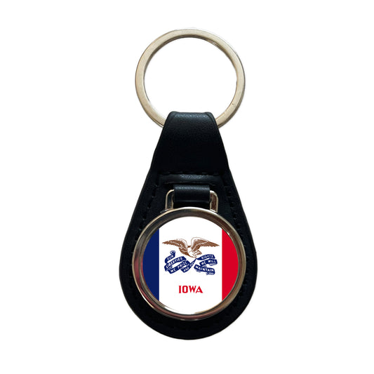 Iowa IA State Flag Black Leather Metal Keychain