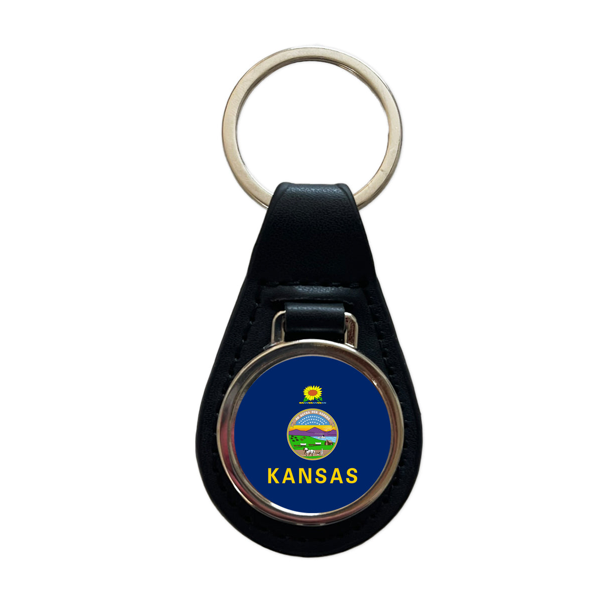 Kansas KS State Flag Black Leather Metal Keychain