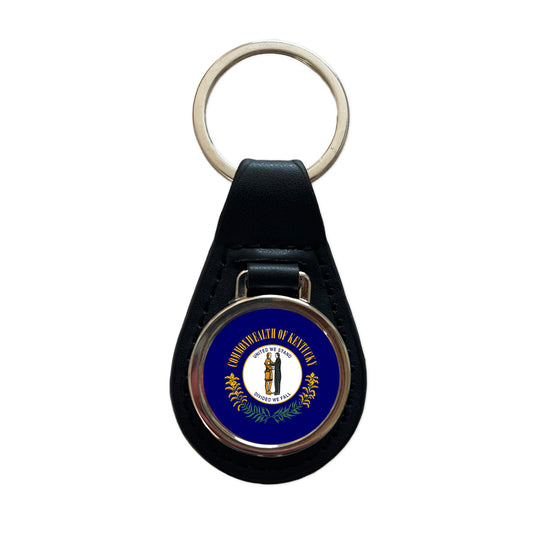Kentucky KY State Flag Black Leather Metal Keychain