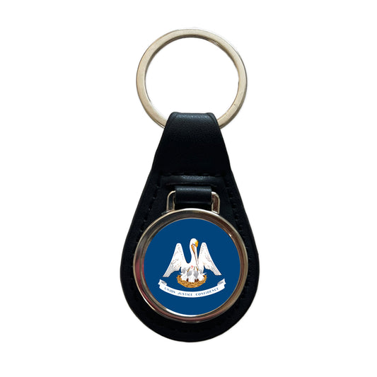 Louisiana LA State Flag Black Leather Metal Keychain