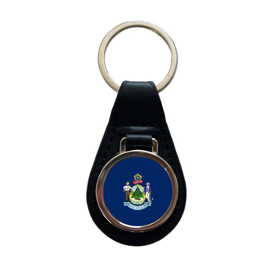 Maine ME State Flag Black Leather Metal Keychain