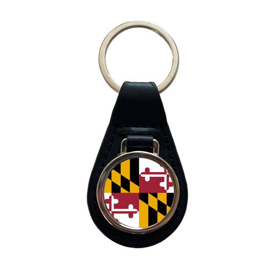 Maryland MD State Flag Black Leather Metal Keychain
