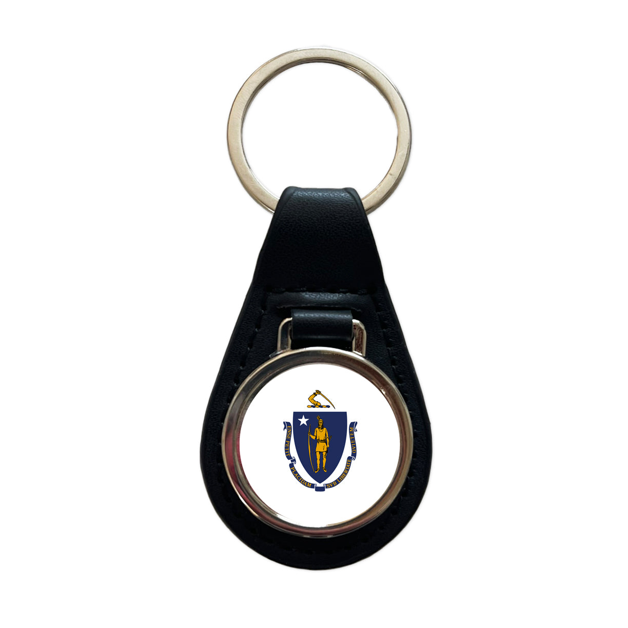 Massachusetts MA State Flag Black Leather Metal Keychain