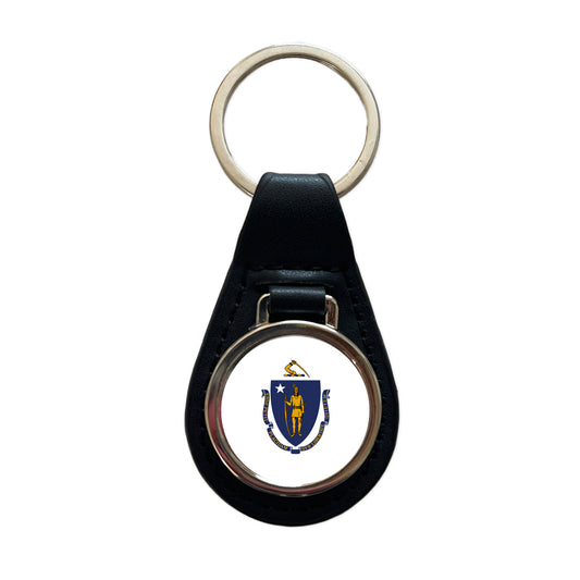 Massachusetts MA State Flag Black Leather Metal Keychain