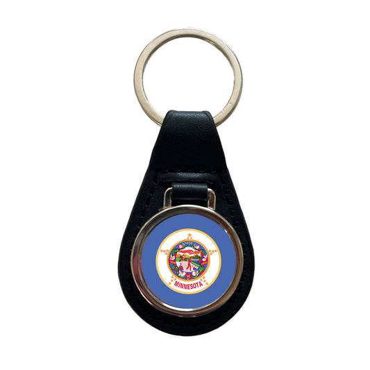 Minnesota MN State Flag Black Leather Metal Keychain