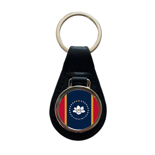 Mississippi MS State Flag Black Leather Metal Keychain