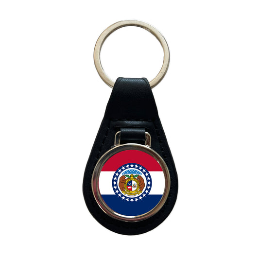 Missouri MO State Flag Black Leather Metal Keychain