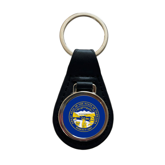 Nebraska NE State Flag Black Leather Metal Keychain
