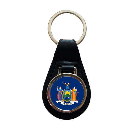 New York NY State Flag Black Leather Metal Keychain
