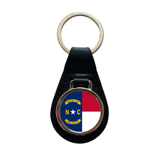 North Carolina State Flag Black Leather Metal Keychain