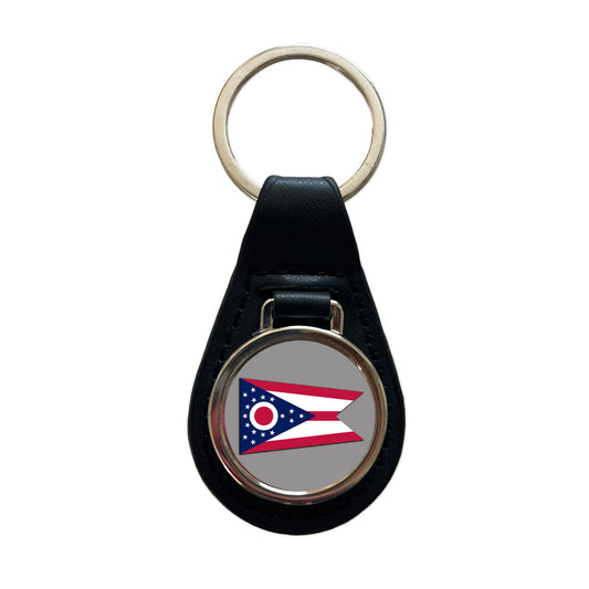 Ohio OH State Flag Black Leather Metal Keychain