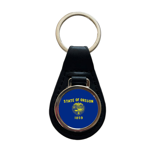 Oregon OR State Flag Black Leather Metal Keychain