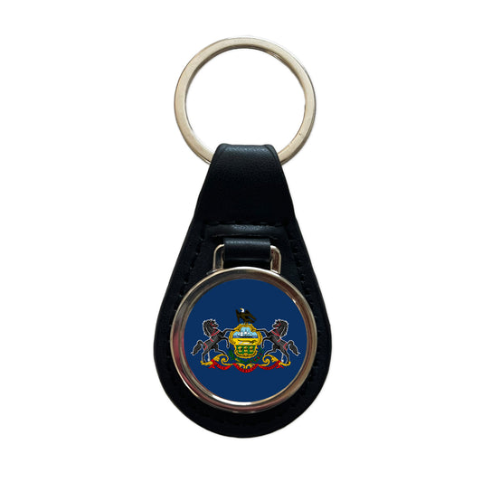 Pennsylvania PA State Flag Black Leather Metal Keychain