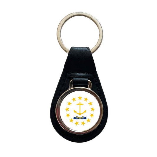 Rhode Island RI State Flag Black Leather Metal Keychain