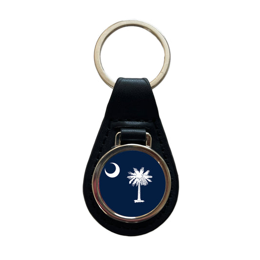 South Carolina SC State Flag Black Leather Metal Keychain