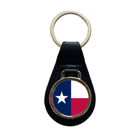 Texas TX State Flag Black Leather Metal Keychain