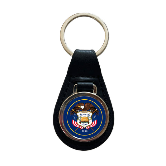 Utah UT State Flag Black Leather Metal Keychain