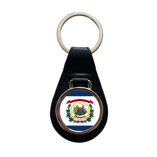 West Virginia WV State Flag Black Leather Metal Keychain