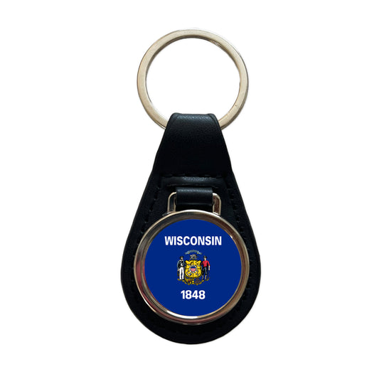 Wisconsin WI State Flag Black Leather Metal Keychain