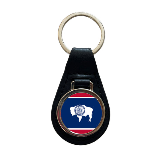 Wyoming WY State Flag Black Leather Metal Keychain