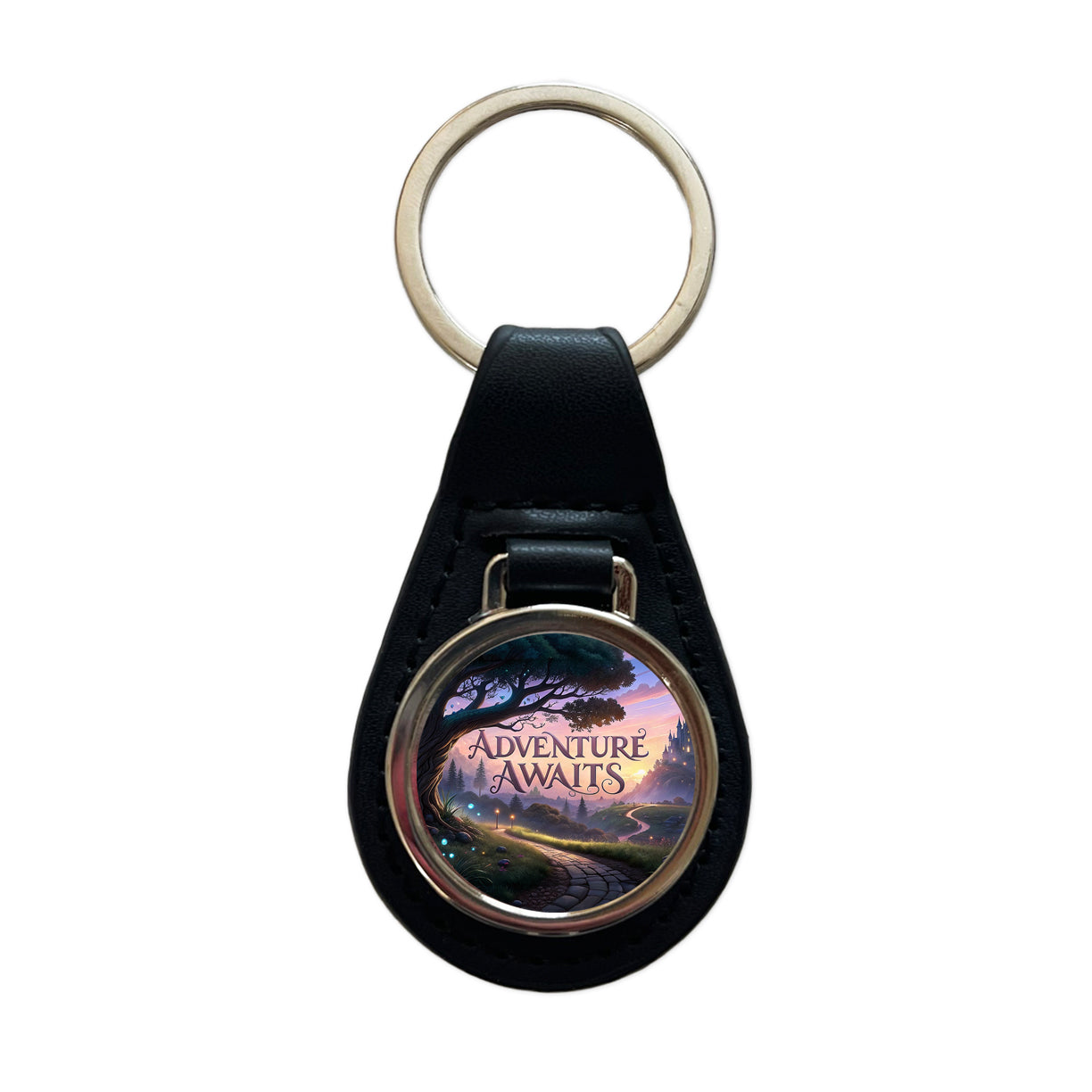 Adventure Awaits Fantasy World Black Leather Metal Keychain