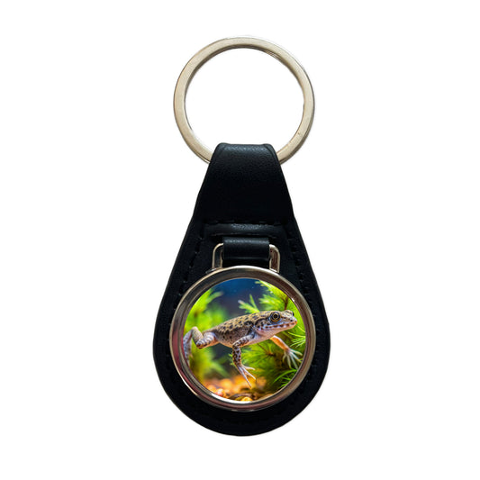 African Dwarf Frog Swimming Black Leather Metal Keychain