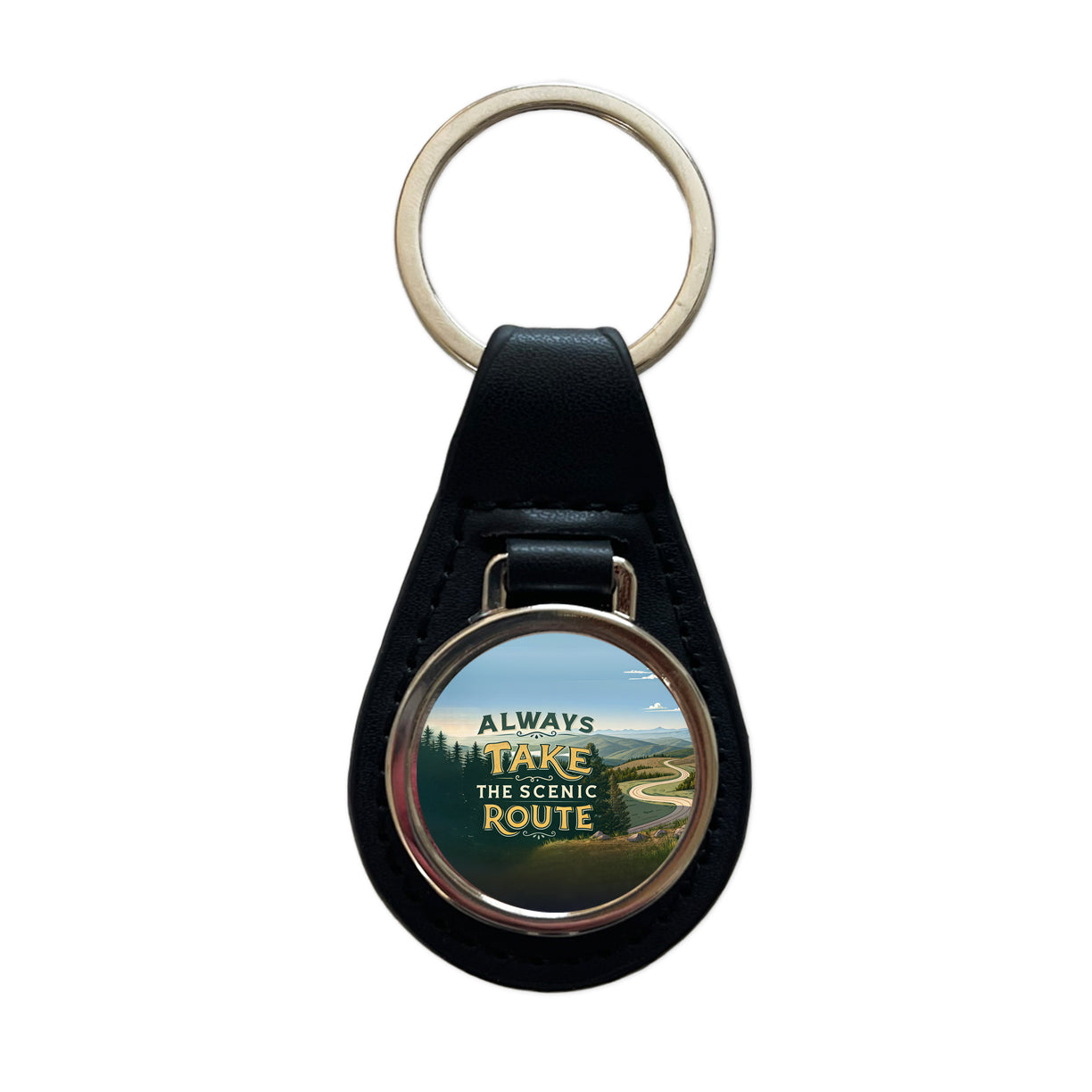 Always Take The Scenic Route Driving Black Leather Metal Keychain