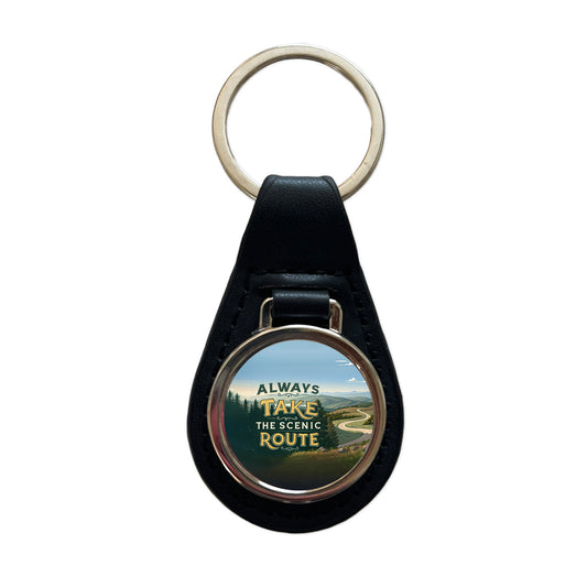Always Take The Scenic Route Driving Black Leather Metal Keychain