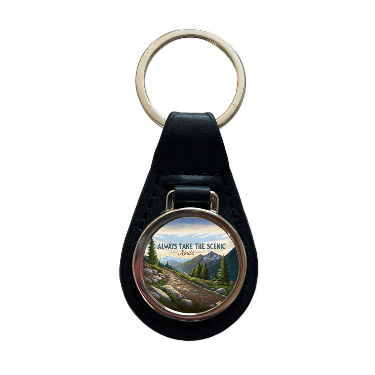 Always Take The Scenic Route Hiking Trail Black Leather Metal Keychain
