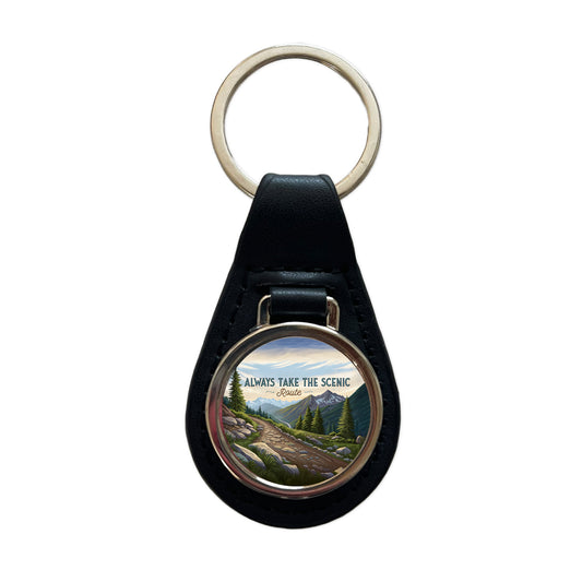 Always Take The Scenic Route Hiking Trail Black Leather Metal Keychain