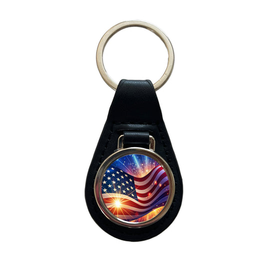 American Flag Sparkling Waving Patriotic Black Leather Metal Keychain