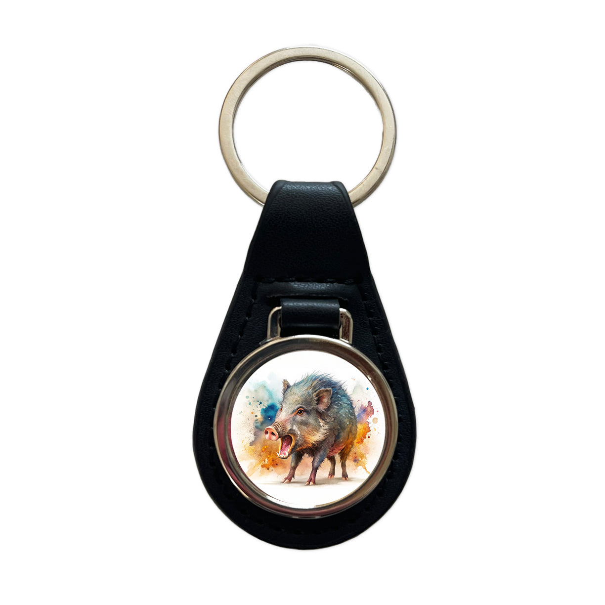 Angry Javelina Watercolor Black Leather Metal Keychain