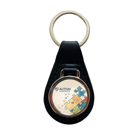 Autism Awareness Puzzle Pieces Heart Black Leather Metal Keychain